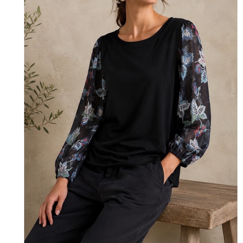 NWT Tahari Top womens 1X Sheer Floral Balloon Sleeves boho Cottagecore feminine